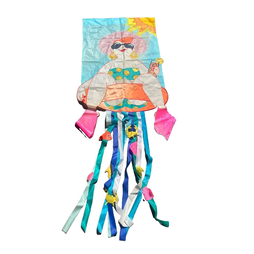 Vintage Windsock Beach Lady  Swimming Streamers Decor Read 78x28